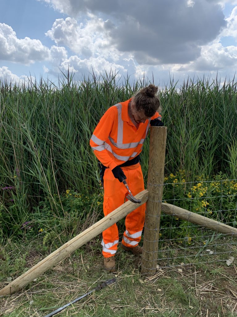 Conservation Contracts Assistant, Jack, working on a new fence within a local nature reserve
